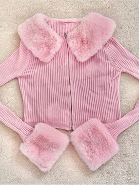 Y2K Style Pink Ribbed Zip Cardigan with Faux Fur Collar & Cuffs L